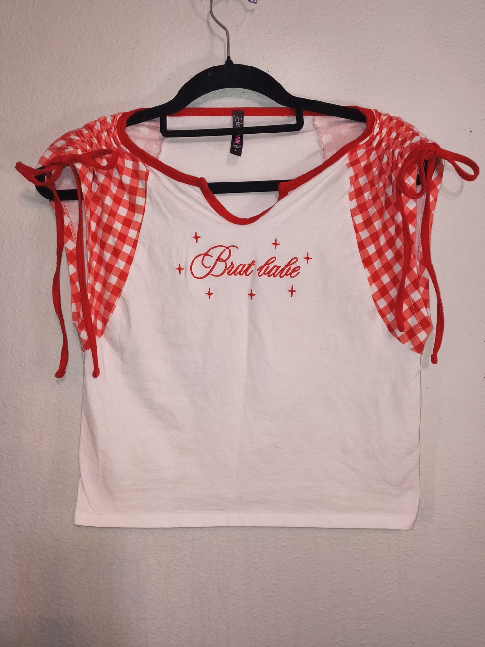 Brat Babe Gingham Tie Sleeve Graphic Top Size Large Y2K